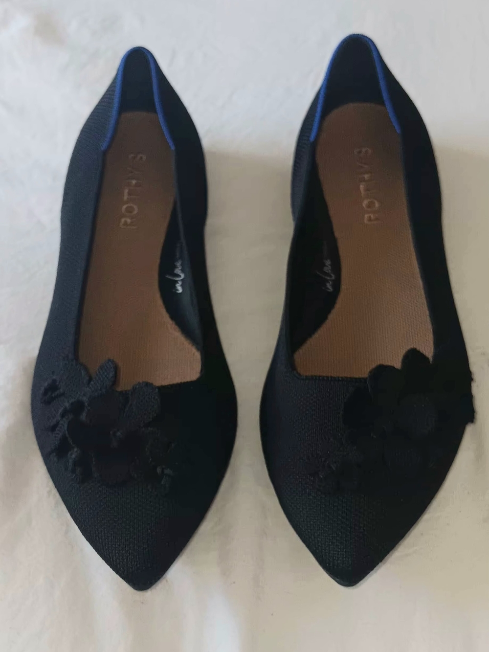 Rothy's Black Petal Pointed Floral Mesh Flats Size 6